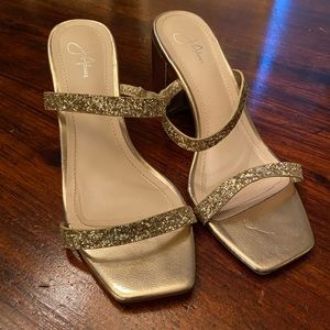 Gold metallic glitter stacked heel sandals, size 8